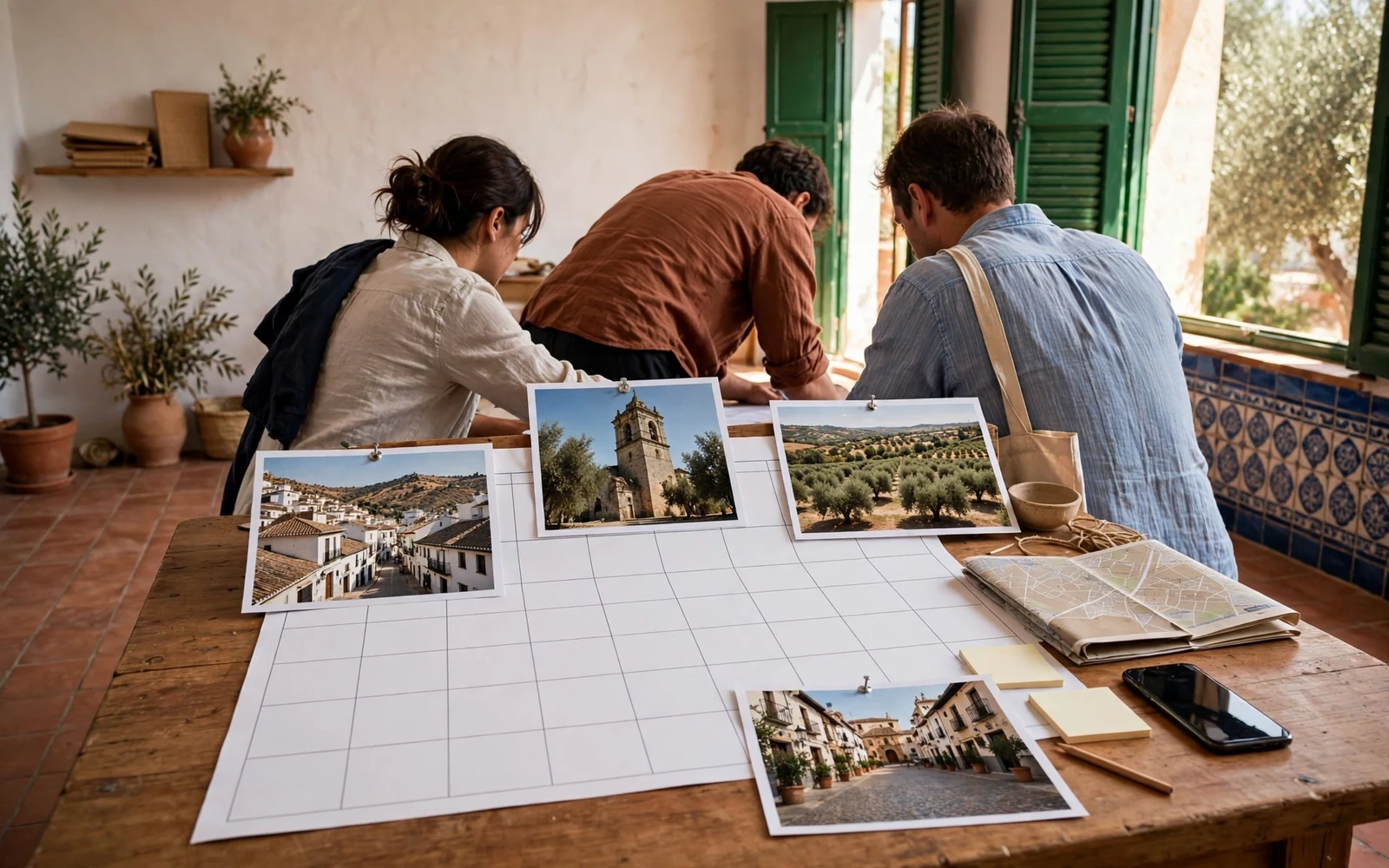 Equipo municipal de turismo planifica contenidos anuales ante un calendario y fotografías de patrimonio local