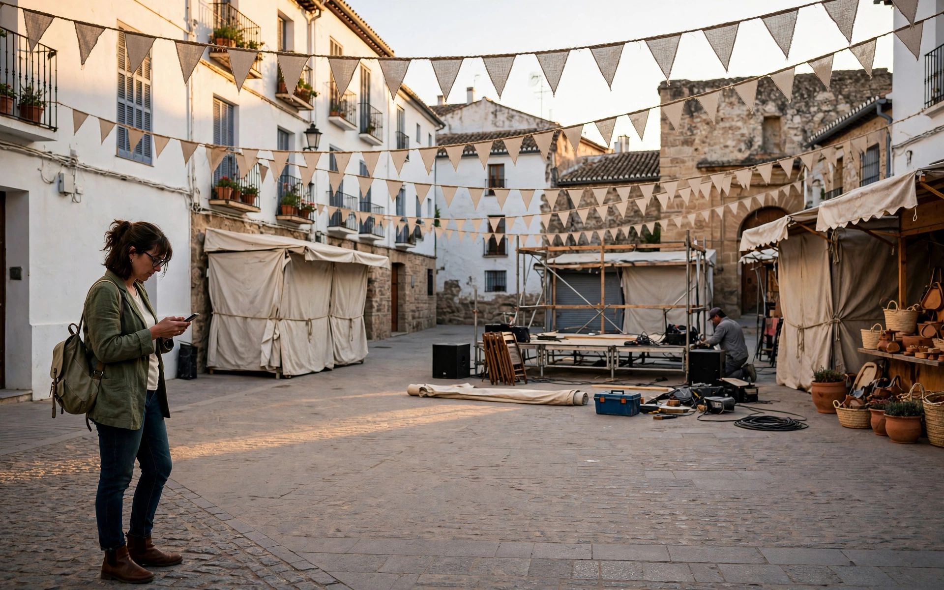 Plaza de un municipio andaluz preparada para una celebración local, con escenario en montaje y una visitante consultando su móvil