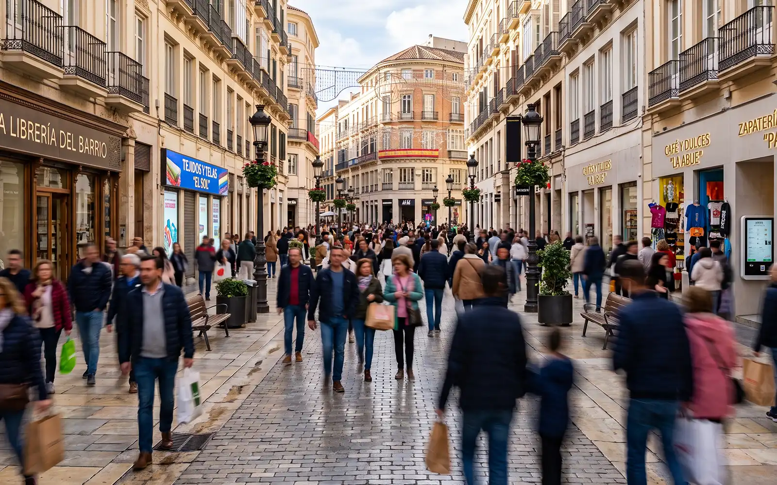 Calle comercial de un municipio con escaparates y negocios locales a ambos lados, representativa de un directorio de comercio