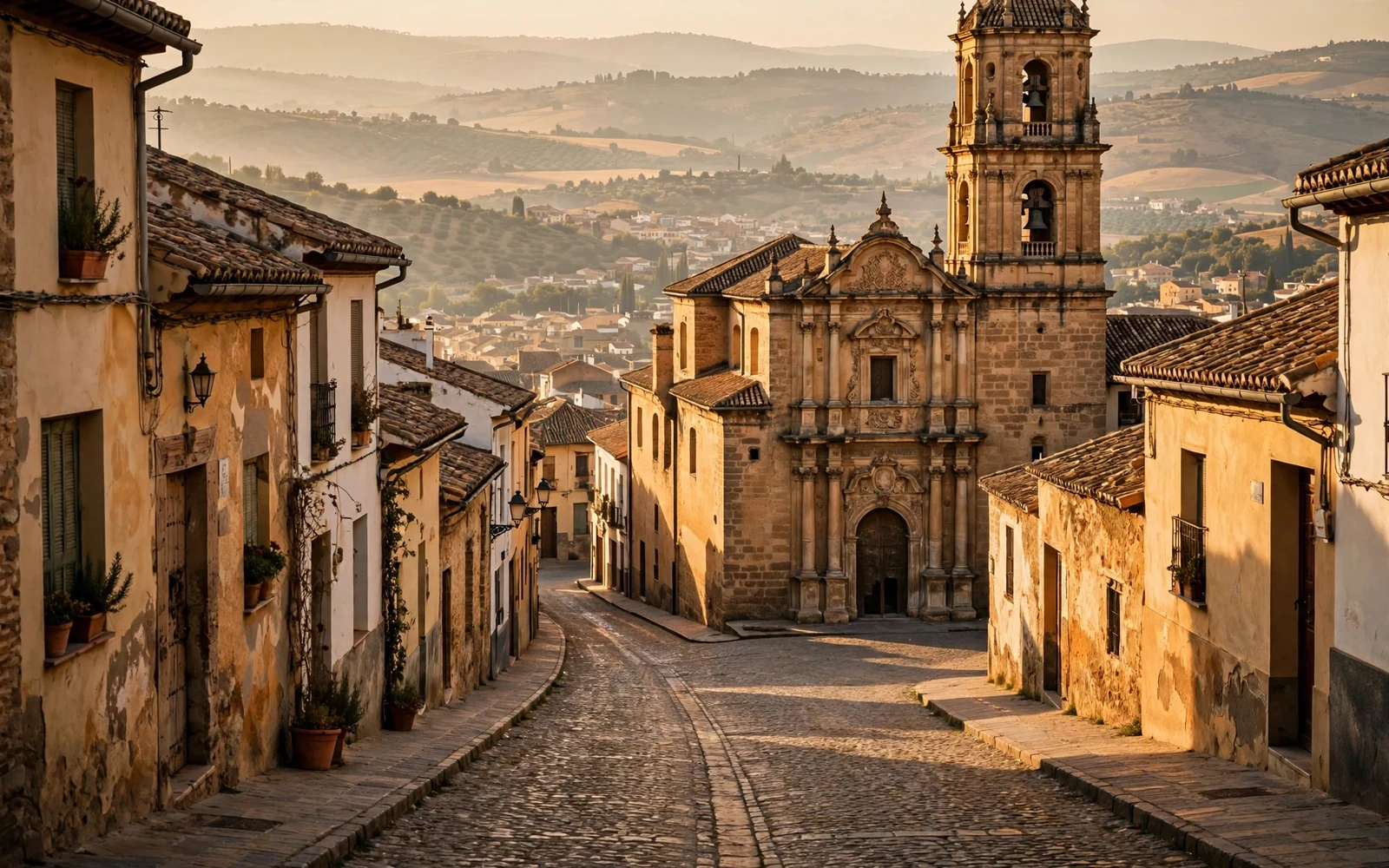 Torre y fachada monumentales de piedra de una iglesia andaluza al atardecer, vistas desde una calle empedrada del casco histórico