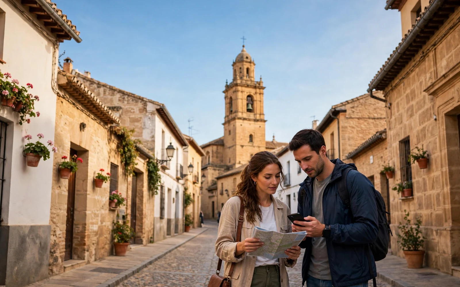 Dos visitantes consultan un mapa y un móvil en una calle histórica andaluza con una iglesia al fondo