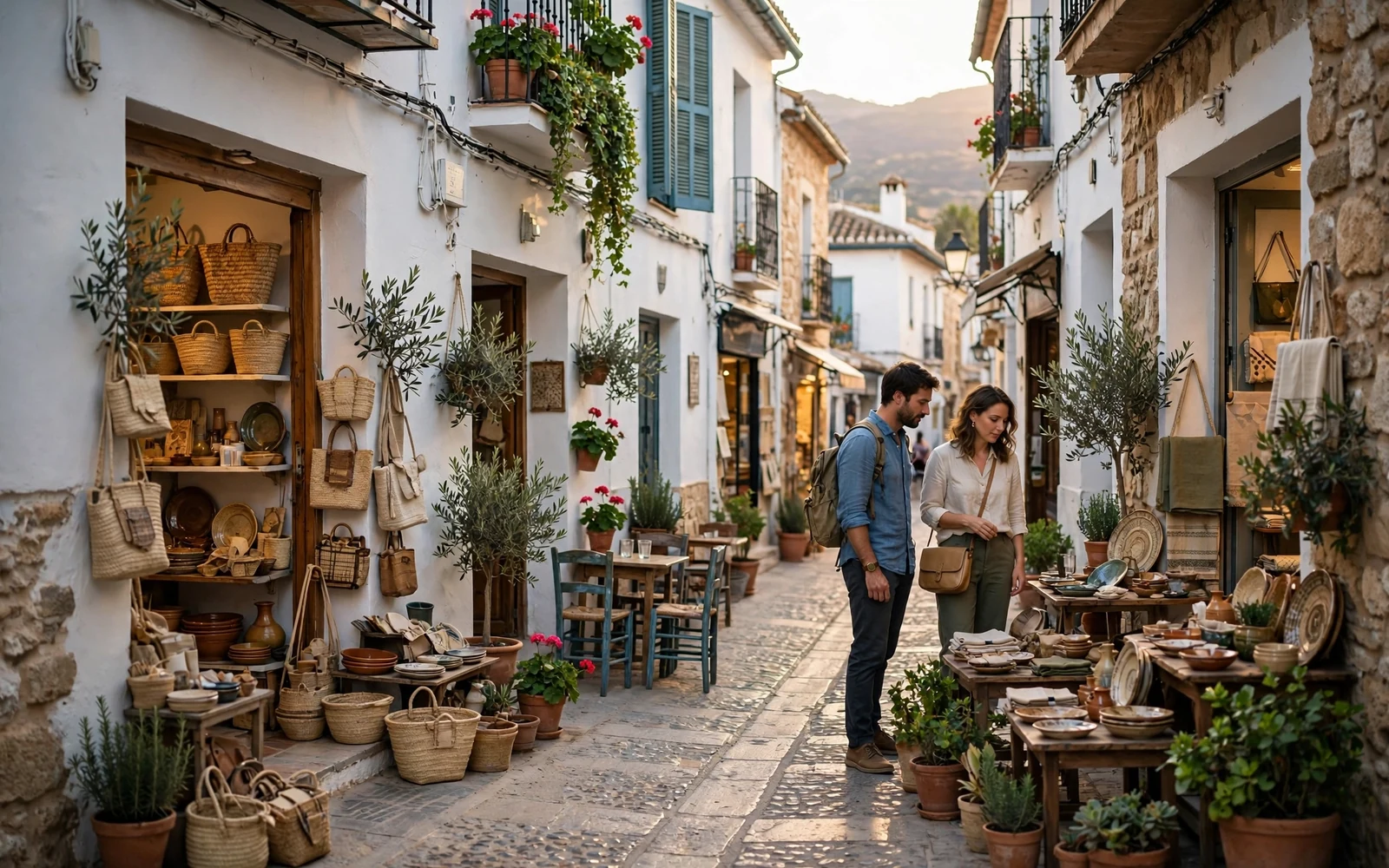 Visitantes recorren una calle comercial andaluza con tiendas independientes y un café bajo la luz cálida de la tarde