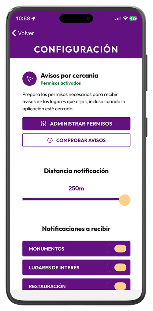 Configuración de notificaciones de Descubre Jaén