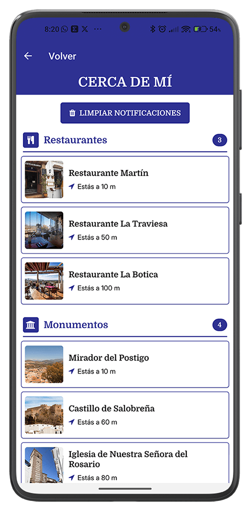 Notificaciones de lugares cercanos en Descubre Salobreña