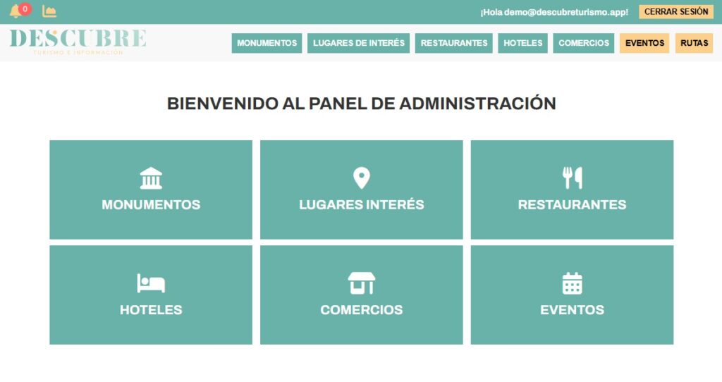 Panel de administración de la app municipal Descubre